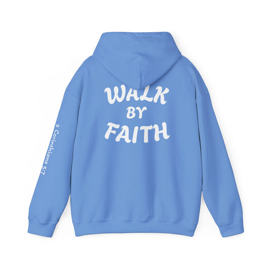 Blue hoodie with 'Walk by Faith' text on the back against a white background